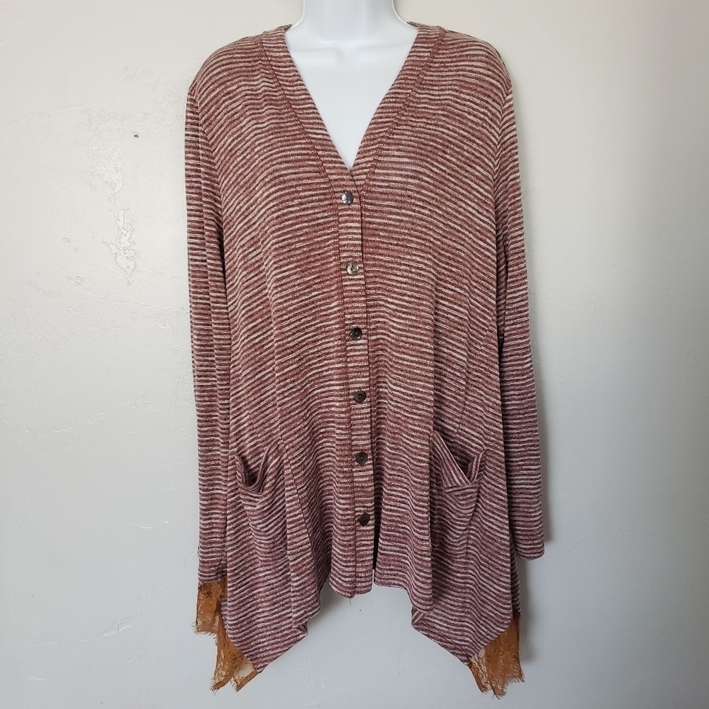 LOGO Lori Goldstein Women's XL Terracotta Striped Cardigan Button Up Lace Trim